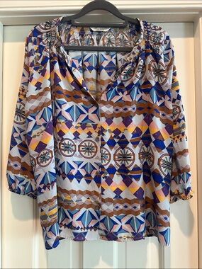Tucker Geometric Button-Front Blouse in Blue, Purple and Gold